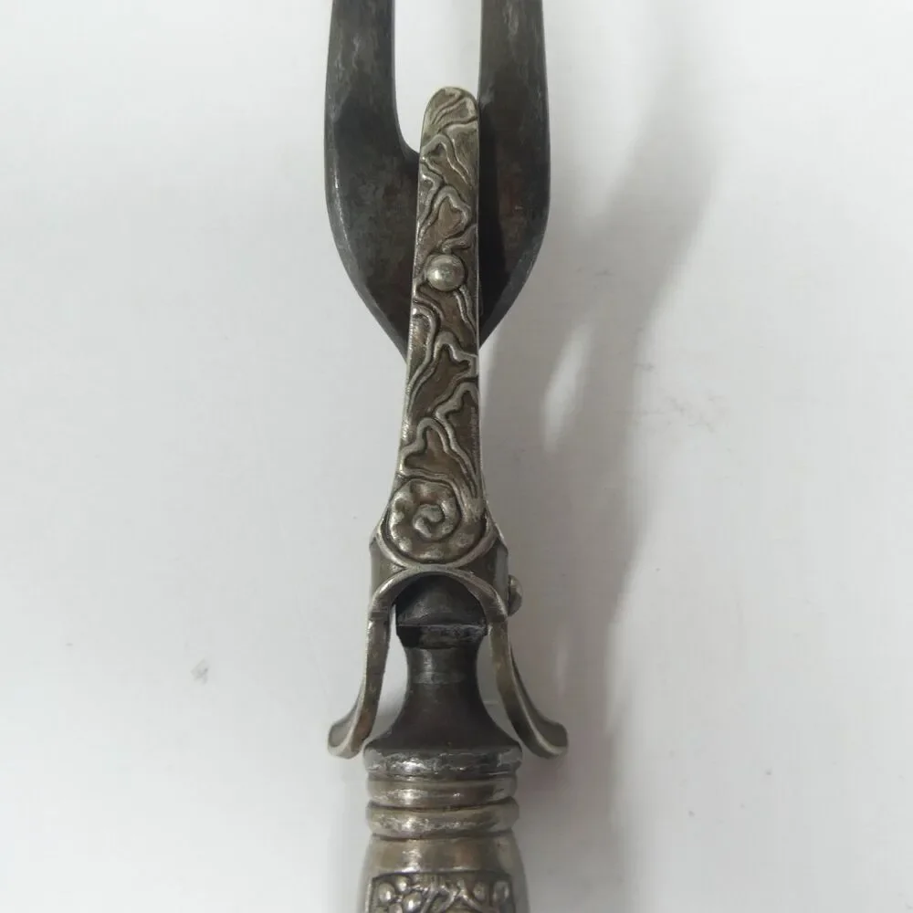 Meat Roast Carving Fork Repousse Floral Handle Vintage Silverplate